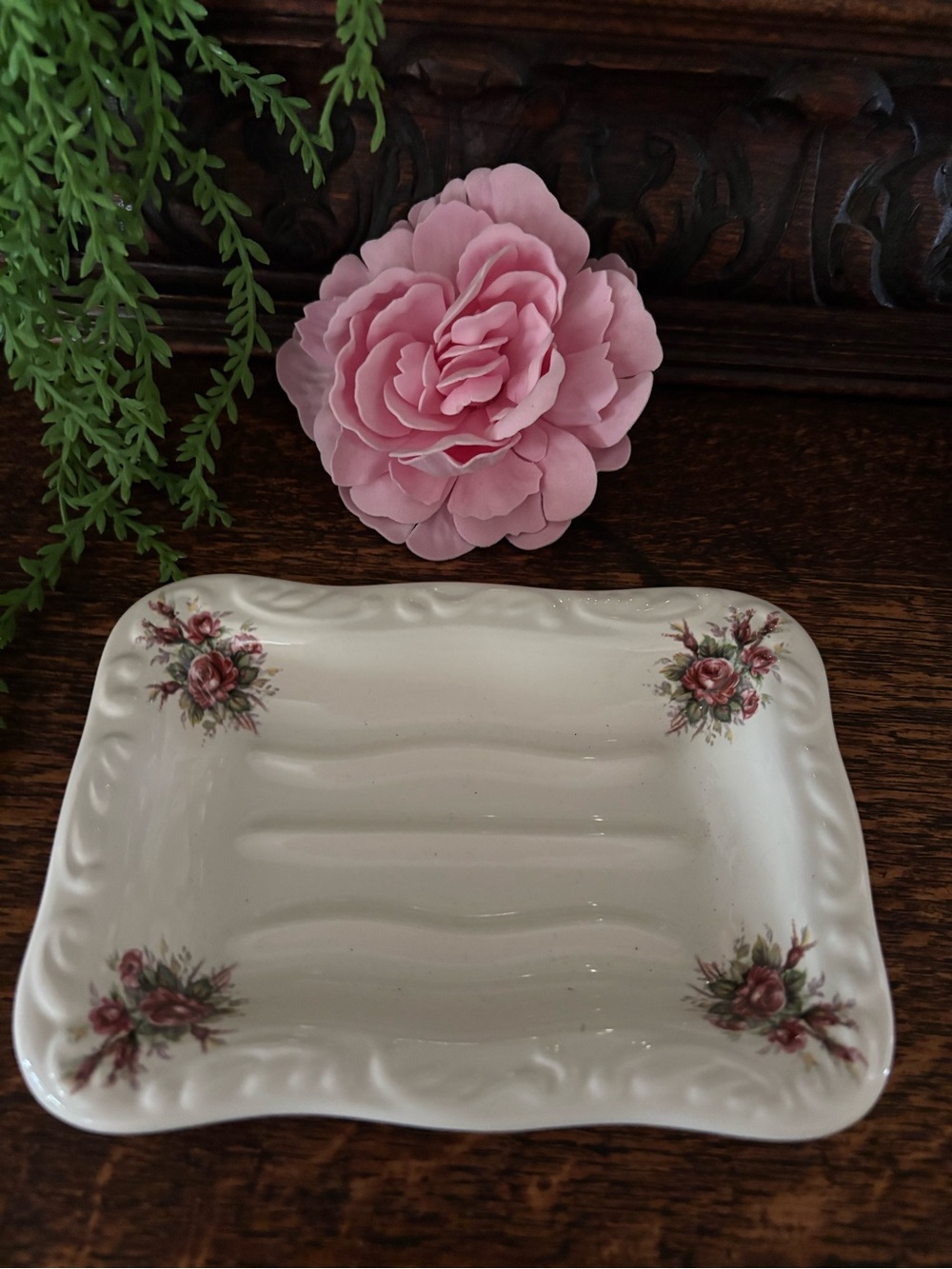 Athena Cream Ceramic Soap Dish with Pink Rose Decals Vintage Style